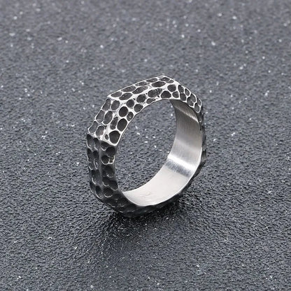 Vintage Concave And Convex Hammer Texture Stainless Steel Ring