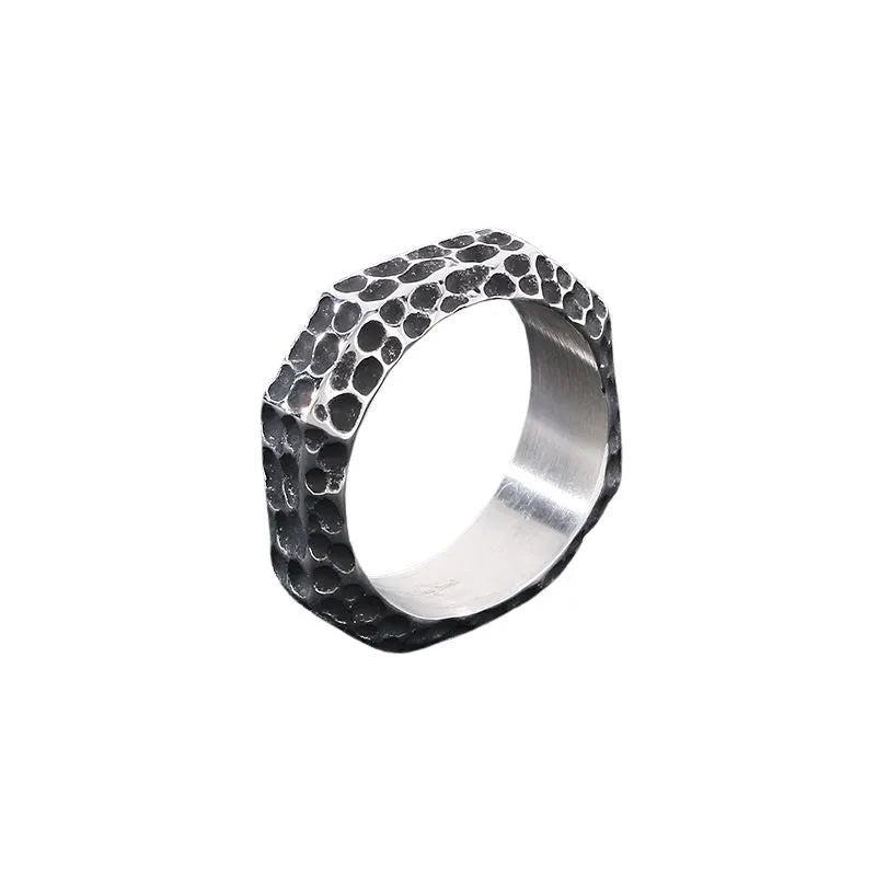 Vintage Concave And Convex Hammer Texture Stainless Steel Ring