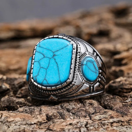 Vintage Three-Sided Blue Turquoise Stainless Steel Ring