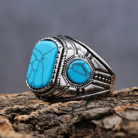 Vintage Three-Sided Blue Turquoise Stainless Steel Ring