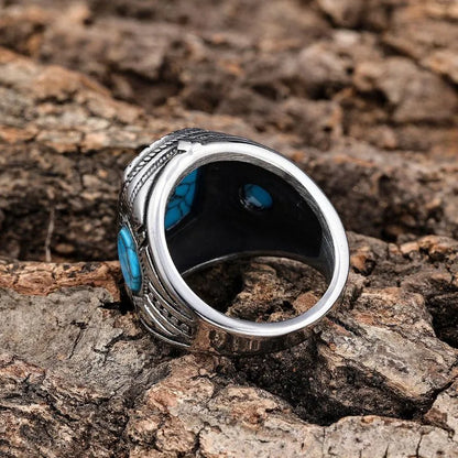 Vintage Three-Sided Blue Turquoise Stainless Steel Ring