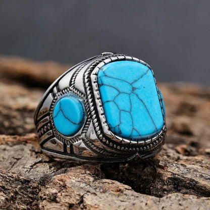 Vintage Three-Sided Blue Turquoise Stainless Steel Ring