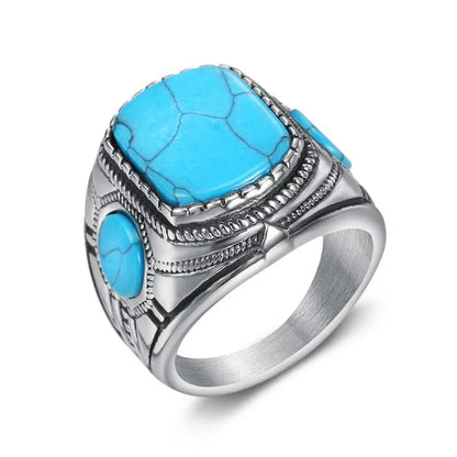 Vintage Three-Sided Blue Turquoise Stainless Steel Ring