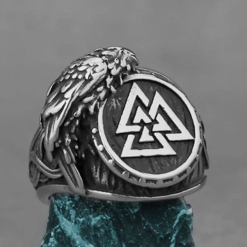 Vintage Viking Raven Valknut  Stainless Steel Ring