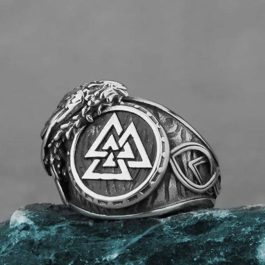 Vintage Viking Raven Valknut  Stainless Steel Ring