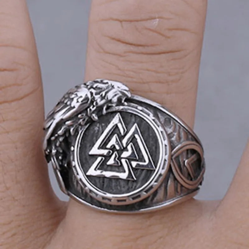Vintage Viking Raven Valknut  Stainless Steel Ring
