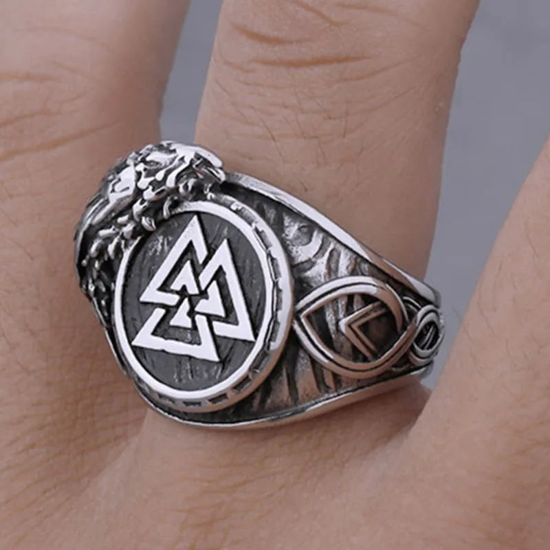 Vintage Viking Raven Valknut  Stainless Steel Ring