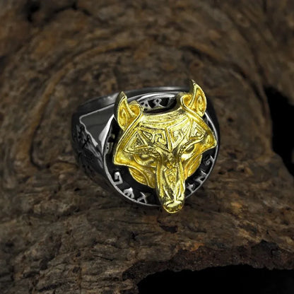 Vintage  Viking Rune Wolf Head Compass Ring