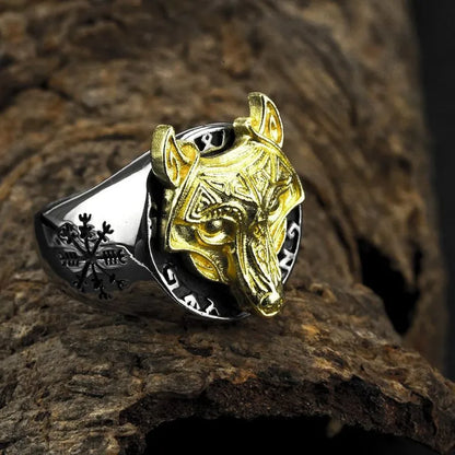 Vintage  Viking Rune Wolf Head Compass Ring