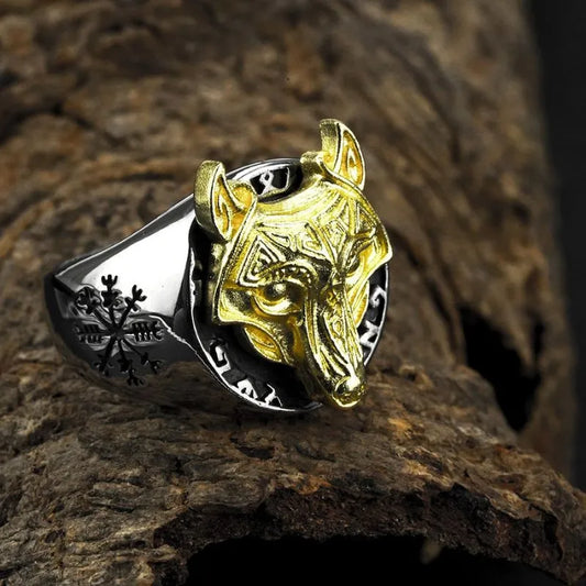 Vintage  Viking Rune Wolf Head Compass Ring