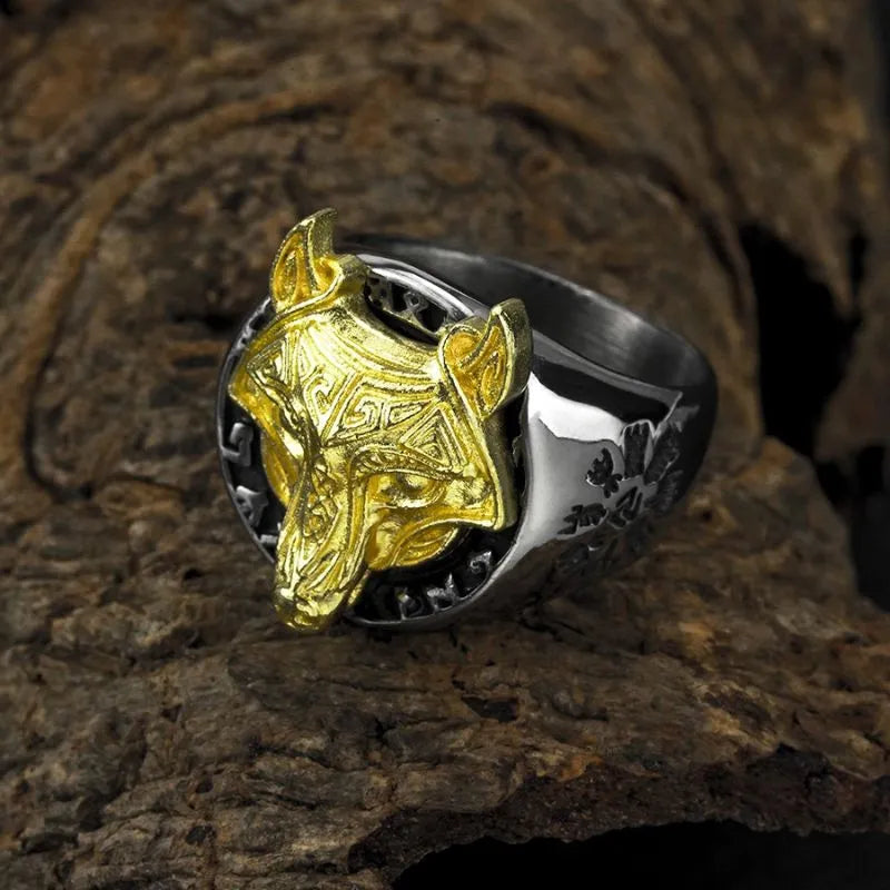 Vintage  Viking Rune Wolf Head Compass Ring
