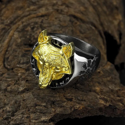 Vintage  Viking Rune Wolf Head Compass Ring