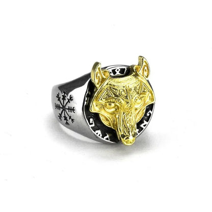 Vintage  Viking Rune Wolf Head Compass Ring